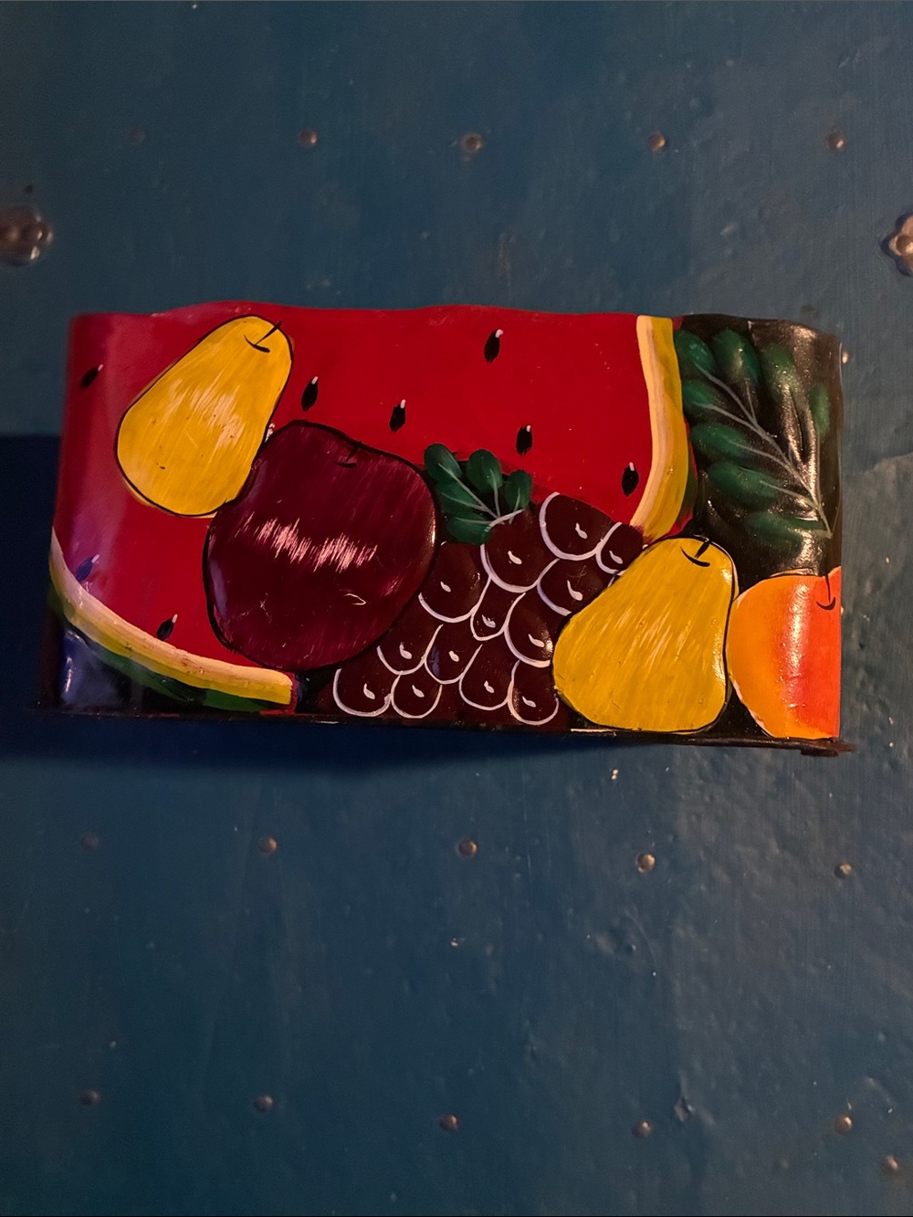 Painted Metal Decor with Fruit in Red and Yellow & Black Bottom. Made in India.